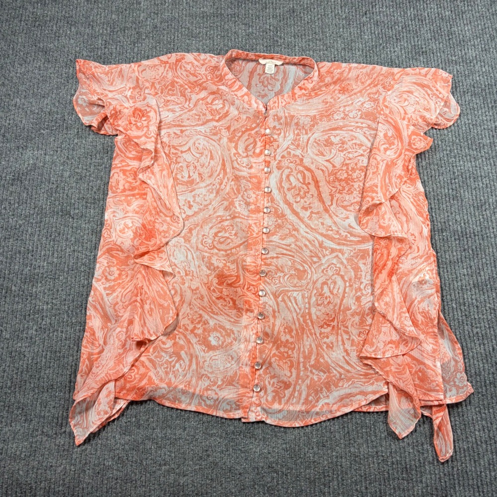 Cat & Jack Blouse Womens L Orange Paisley Ruffle Button Up Sheer Top